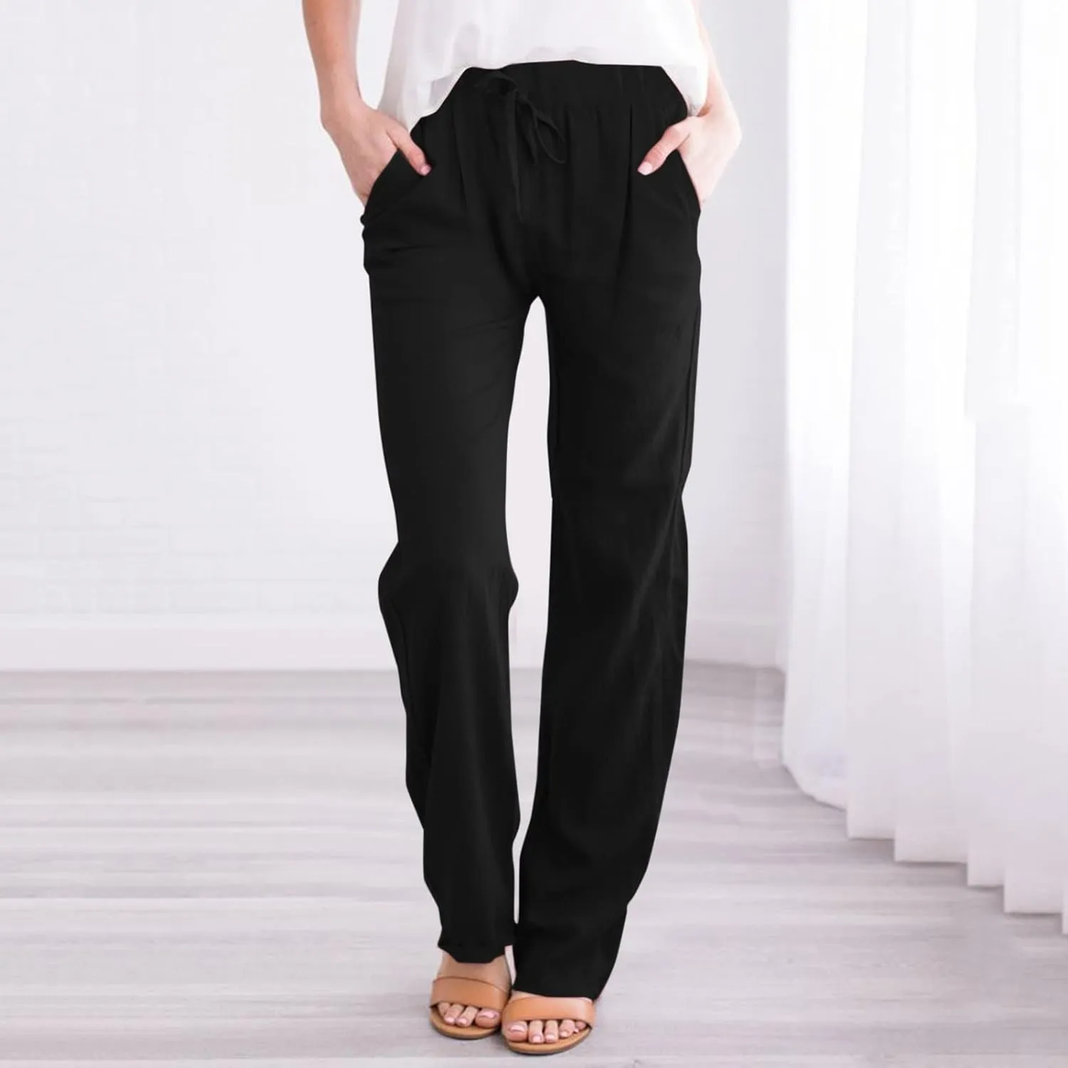 Women's Linen Blend Summer Loose Palazzo Pants Elastic Waisted Baggy Stretchy Loose Fit Palazzo Lounge Pants