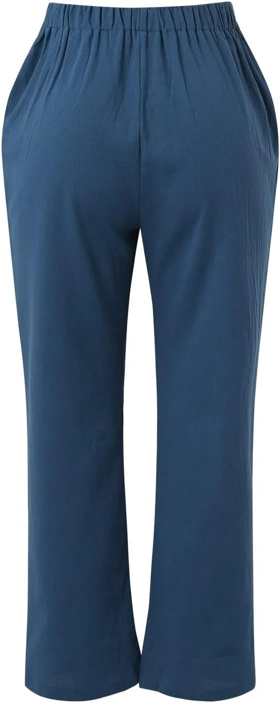 Women's Linen Blend Summer Loose Palazzo Pants Elastic Waisted Baggy Stretchy Loose Fit Palazzo Lounge Pants