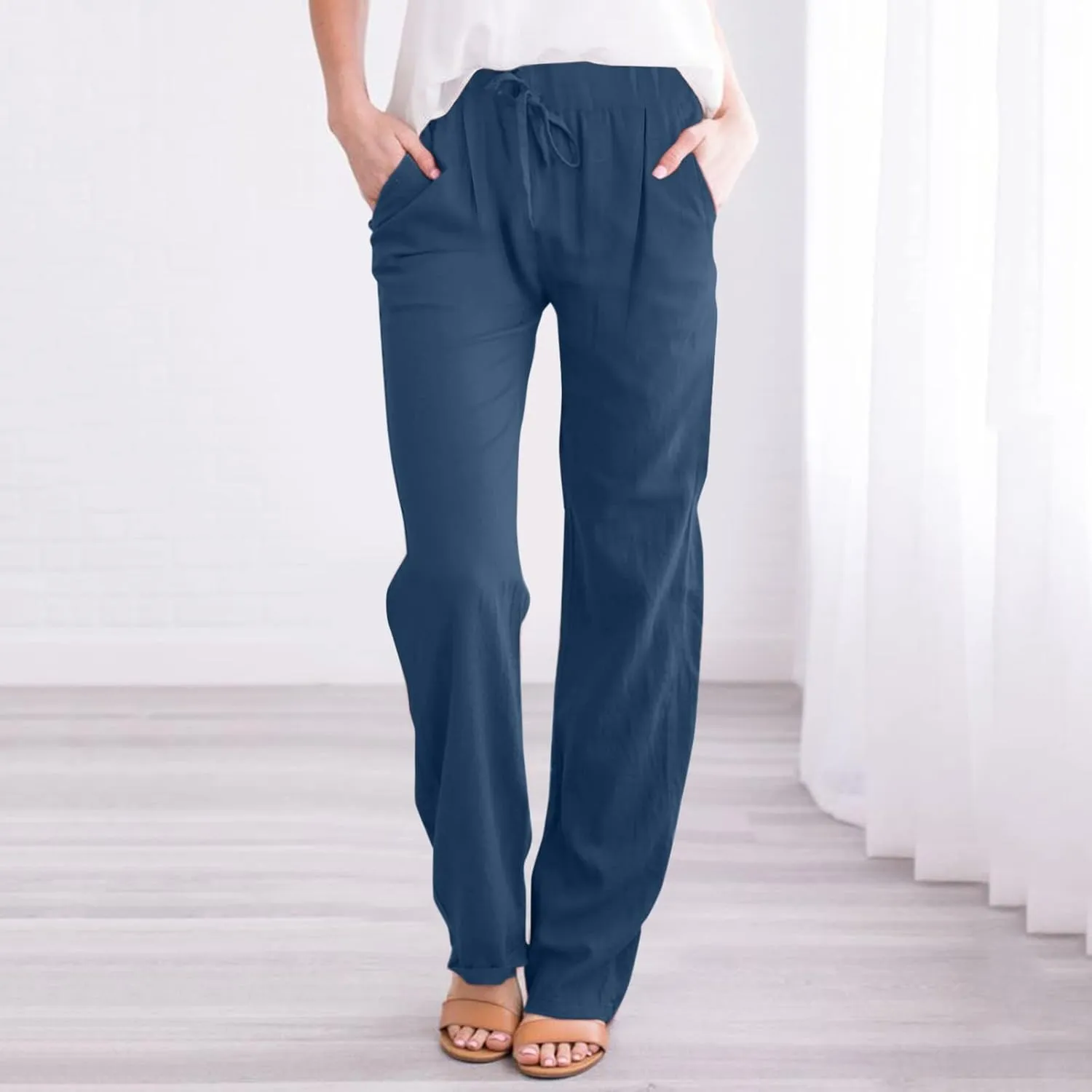 Women's Linen Blend Summer Loose Palazzo Pants Elastic Waisted Baggy Stretchy Loose Fit Palazzo Lounge Pants
