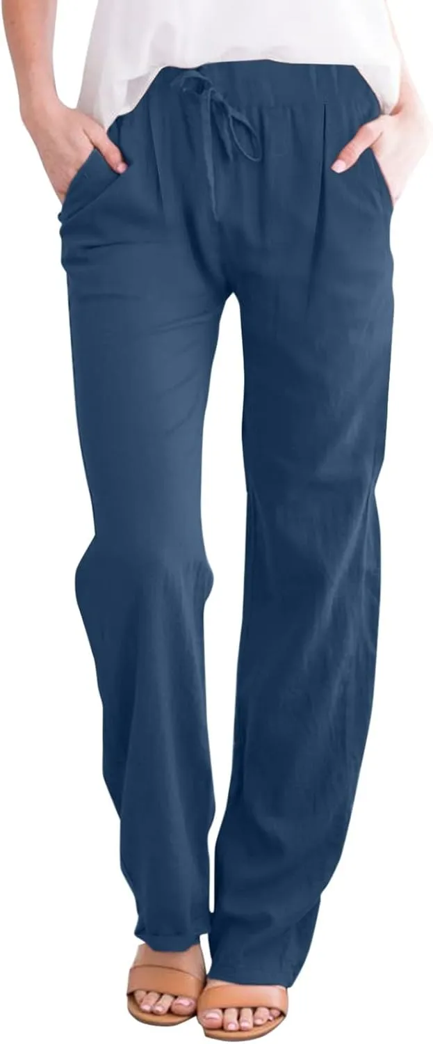 Women's Linen Blend Summer Loose Palazzo Pants Elastic Waisted Baggy Stretchy Loose Fit Palazzo Lounge Pants