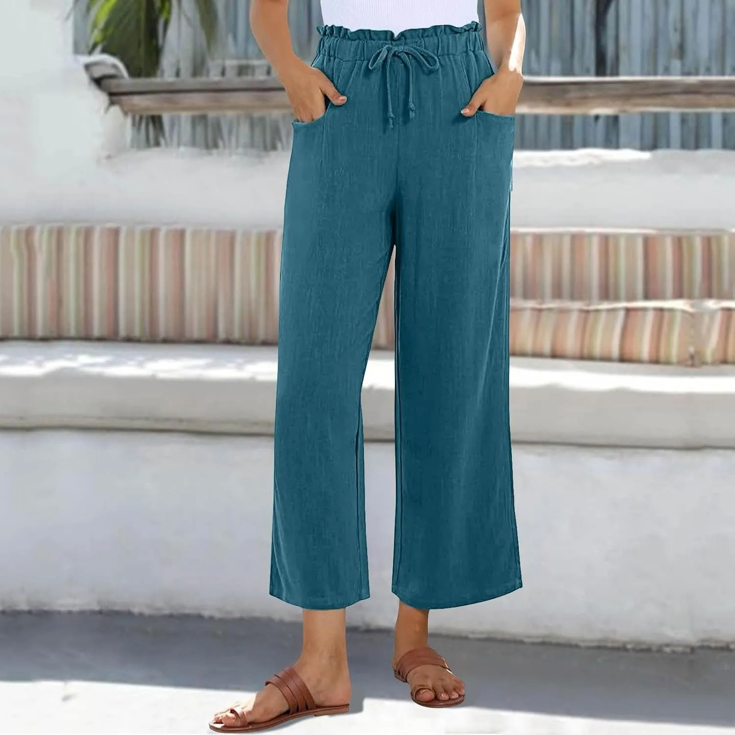 Women's Linen Blend Summer Loose Palazzo Pants Elastic Waisted Baggy Stretchy Loose Fit Palazzo Lounge Pants