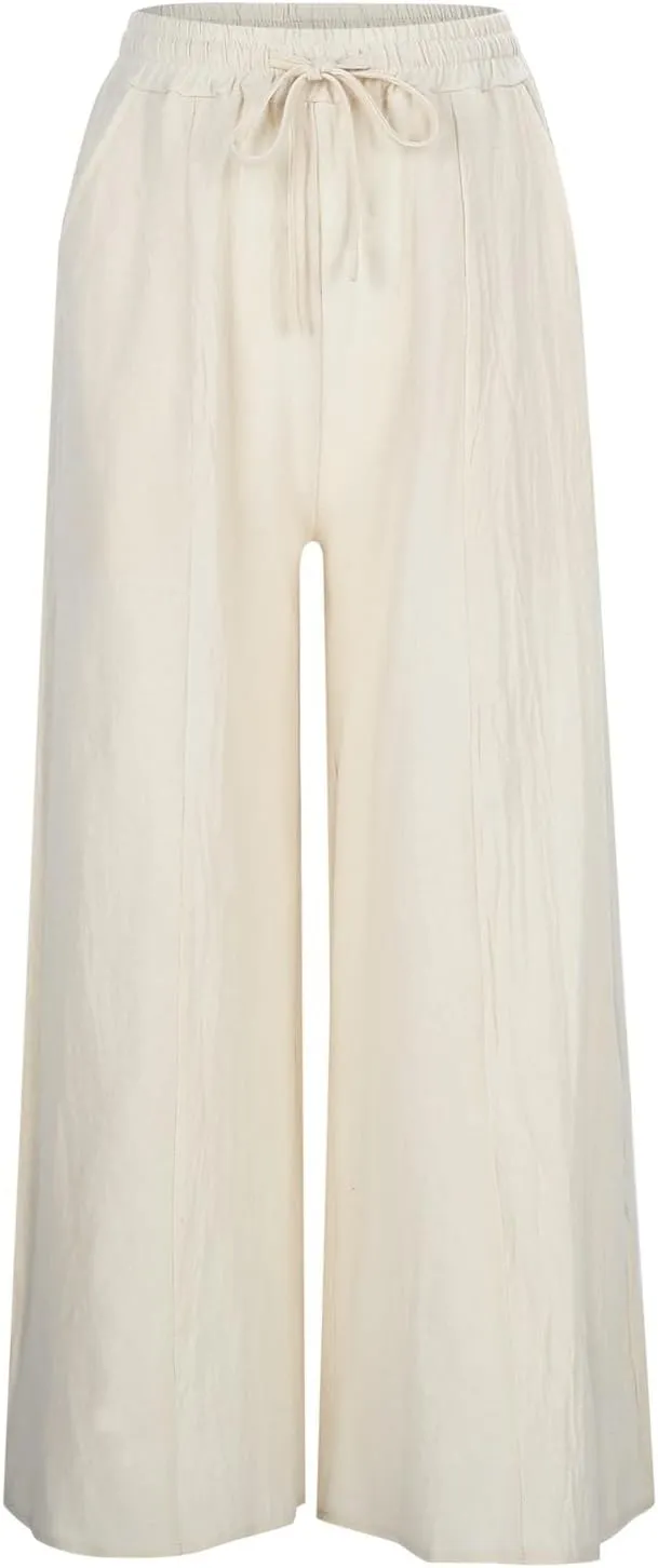 Women's Linen Blend Summer Loose Palazzo Pants Elastic Waisted Baggy Stretchy Loose Fit Palazzo Lounge Pants