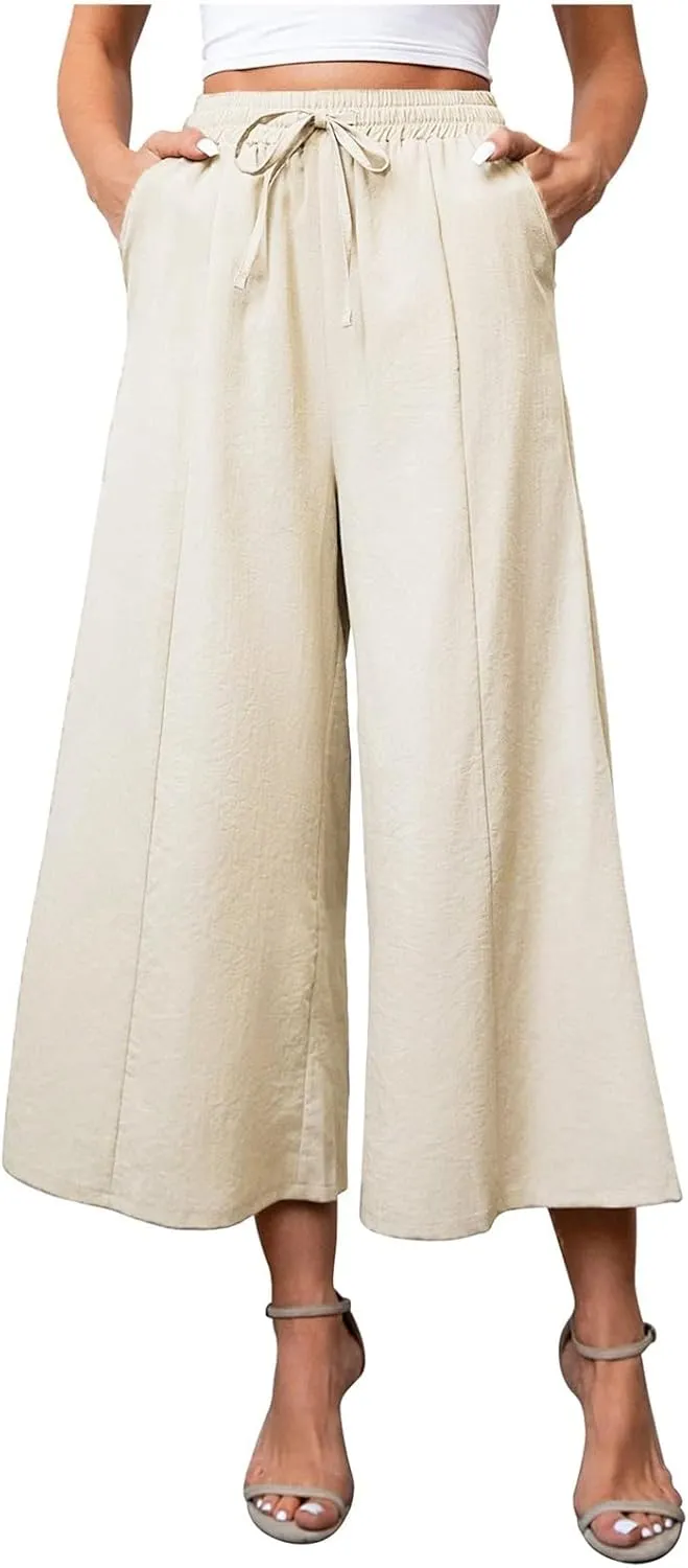 Women's Linen Blend Summer Loose Palazzo Pants Elastic Waisted Baggy Stretchy Loose Fit Palazzo Lounge Pants