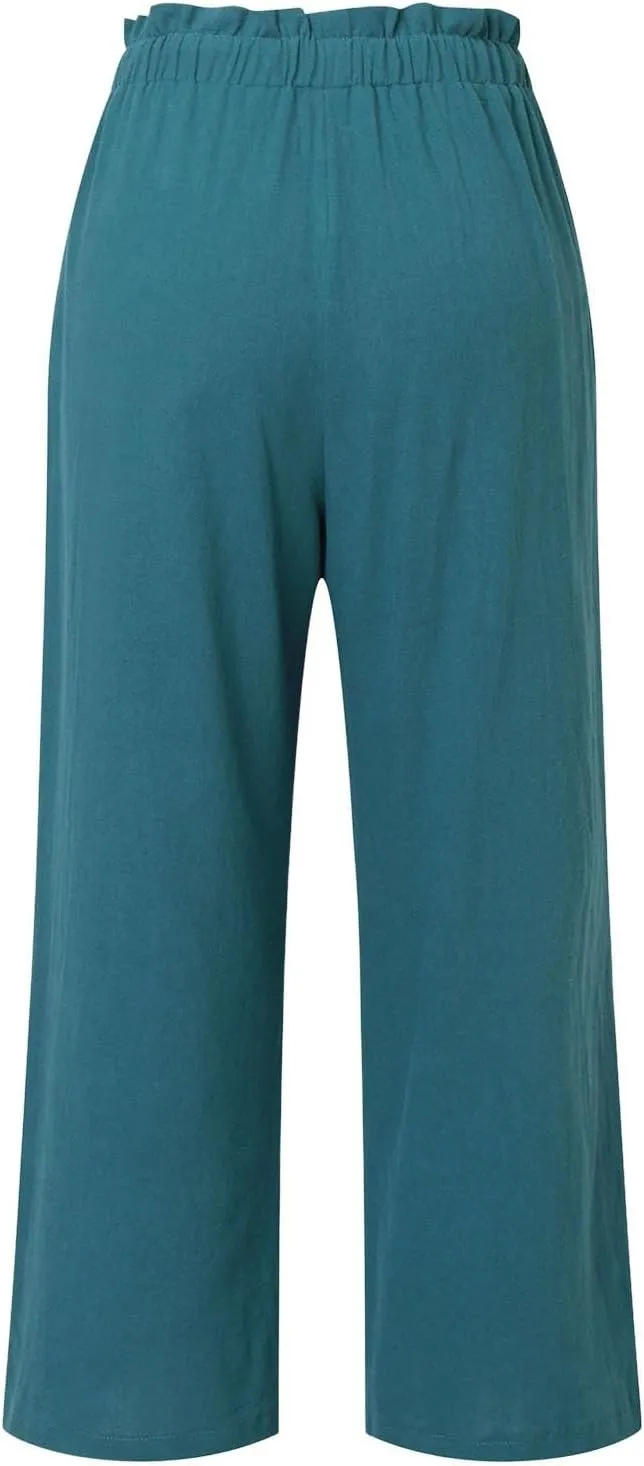 Women's Linen Blend Summer Loose Palazzo Pants Elastic Waisted Baggy Stretchy Loose Fit Palazzo Lounge Pants