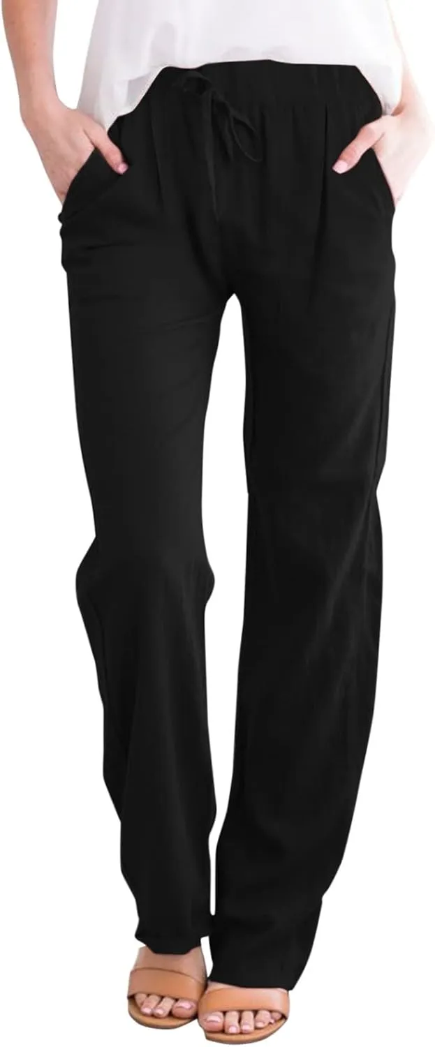 Women's Linen Blend Summer Loose Palazzo Pants Elastic Waisted Baggy Stretchy Loose Fit Palazzo Lounge Pants