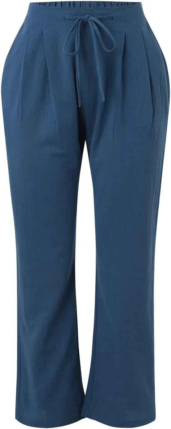 Women's Linen Blend Summer Loose Palazzo Pants Elastic Waisted Baggy Stretchy Loose Fit Palazzo Lounge Pants