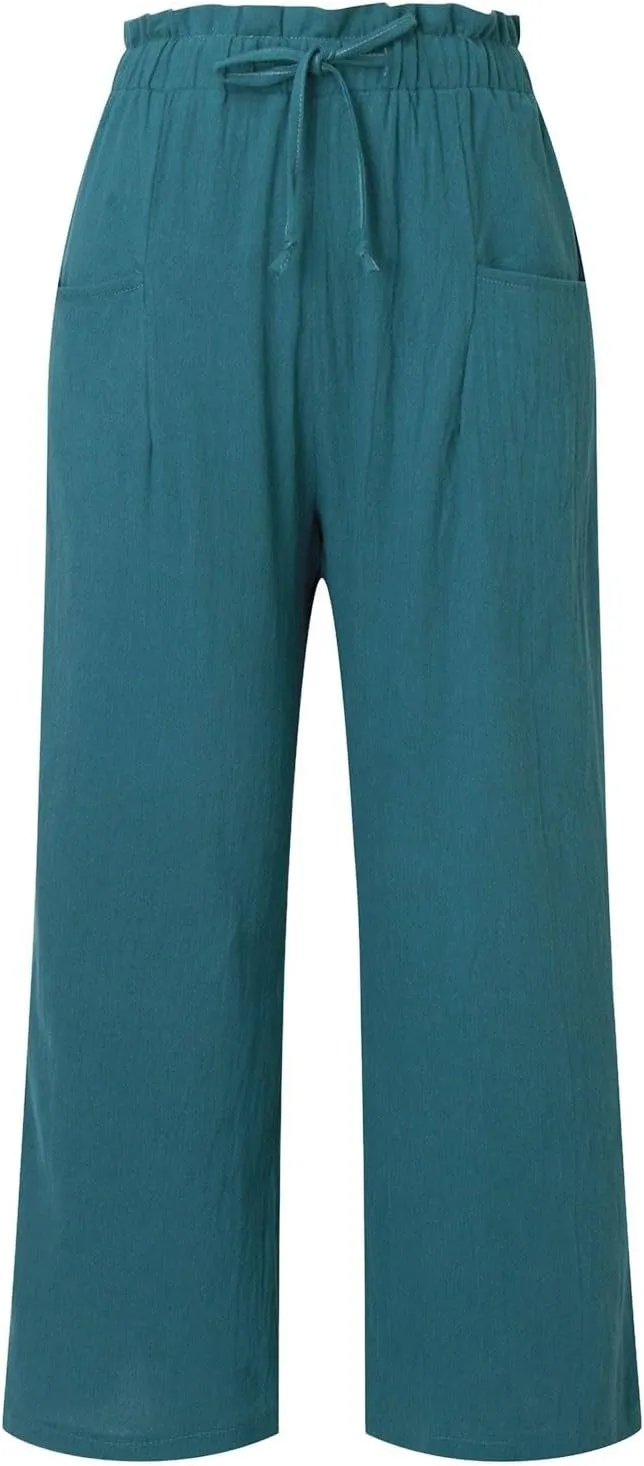 Women's Linen Blend Summer Loose Palazzo Pants Elastic Waisted Baggy Stretchy Loose Fit Palazzo Lounge Pants