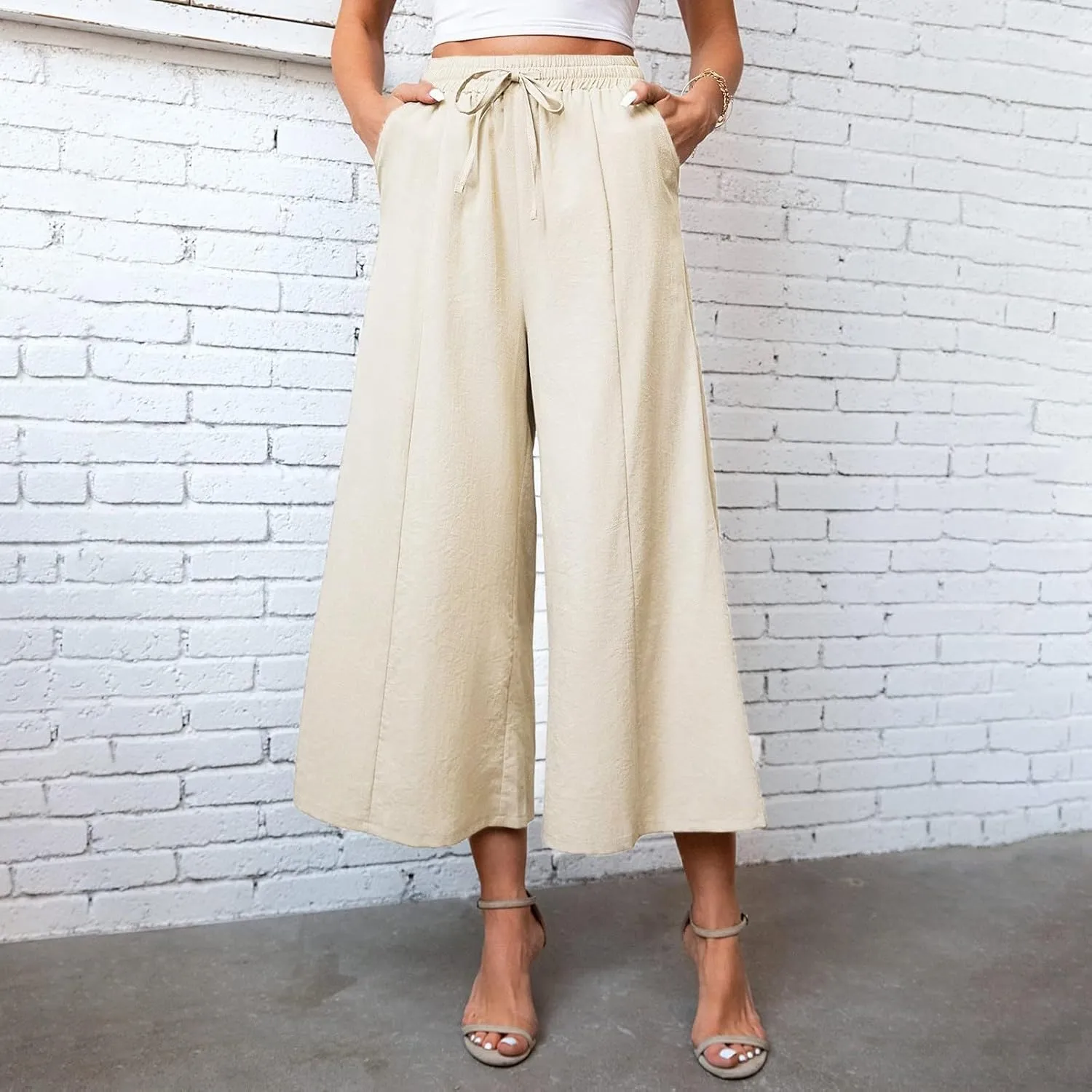 Women's Linen Blend Summer Loose Palazzo Pants Elastic Waisted Baggy Stretchy Loose Fit Palazzo Lounge Pants