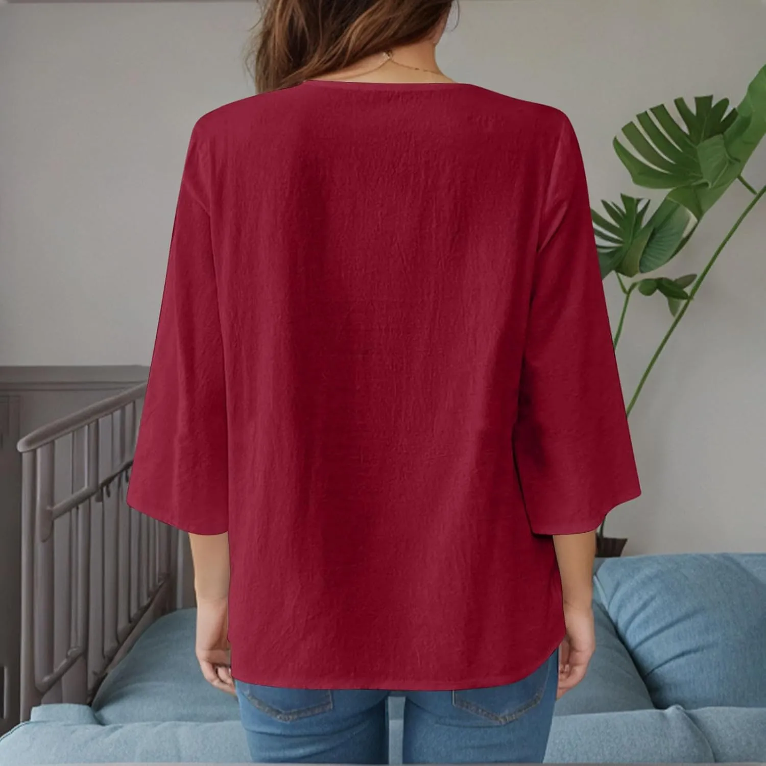 Women's Linen Shirts Dressy 3/4 Sleeve V Neck Cotton Blouses Casual Loose Lace Tunic Tops Summer Vacation Outfits