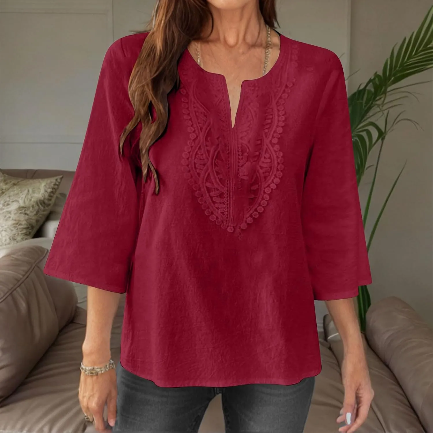 Women's Linen Shirts Dressy 3/4 Sleeve V Neck Cotton Blouses Casual Loose Lace Tunic Tops Summer Vacation Outfits