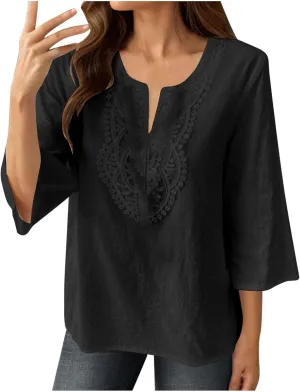 Women's Linen Shirts Dressy 3/4 Sleeve V Neck Cotton Blouses Casual Loose Lace Tunic Tops Summer Vacation Outfits
