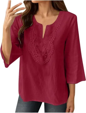 Women's Linen Shirts Dressy 3/4 Sleeve V Neck Cotton Blouses Casual Loose Lace Tunic Tops Summer Vacation Outfits