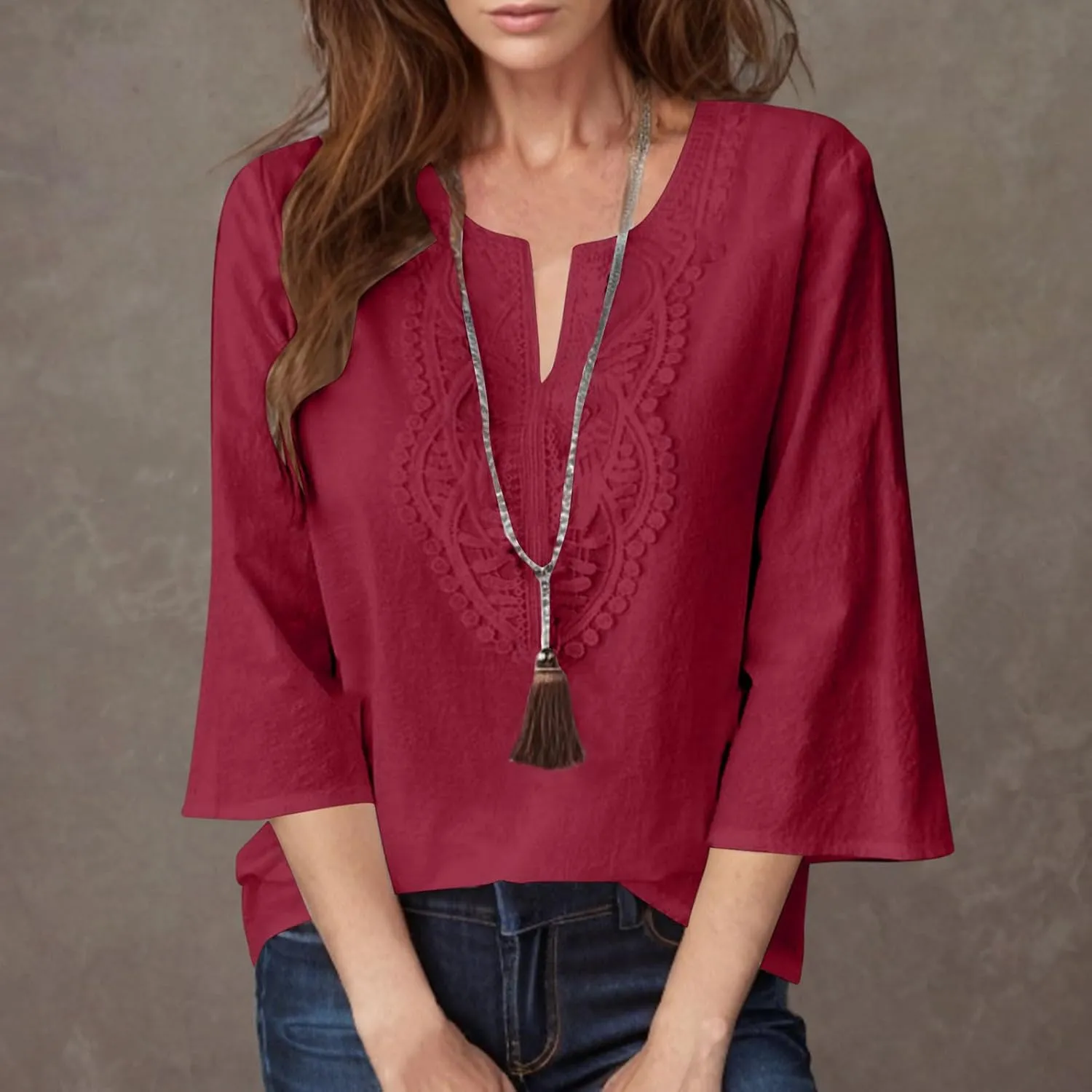Women's Linen Shirts Dressy 3/4 Sleeve V Neck Cotton Blouses Casual Loose Lace Tunic Tops Summer Vacation Outfits