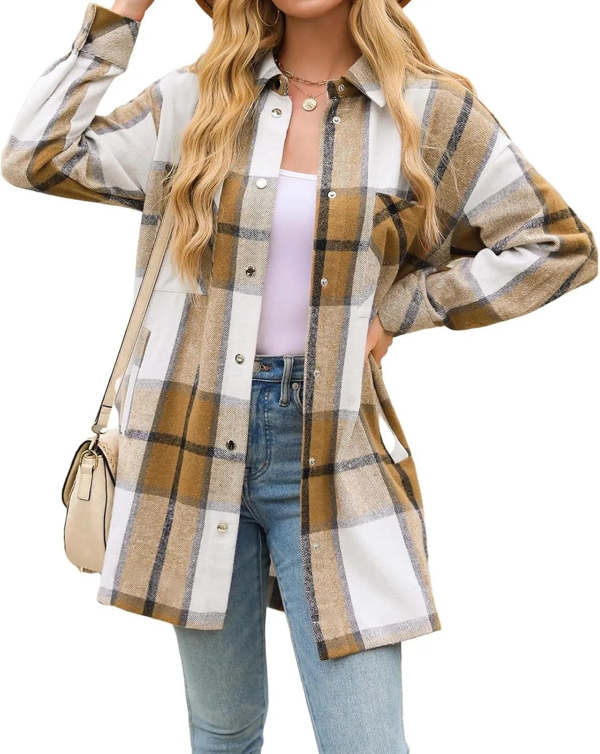 Women's Long Plaid Jacket Long Sleeve Snap Button Flannel Trench Coat Side Split Tartan Shacket Shirts with Pockets
