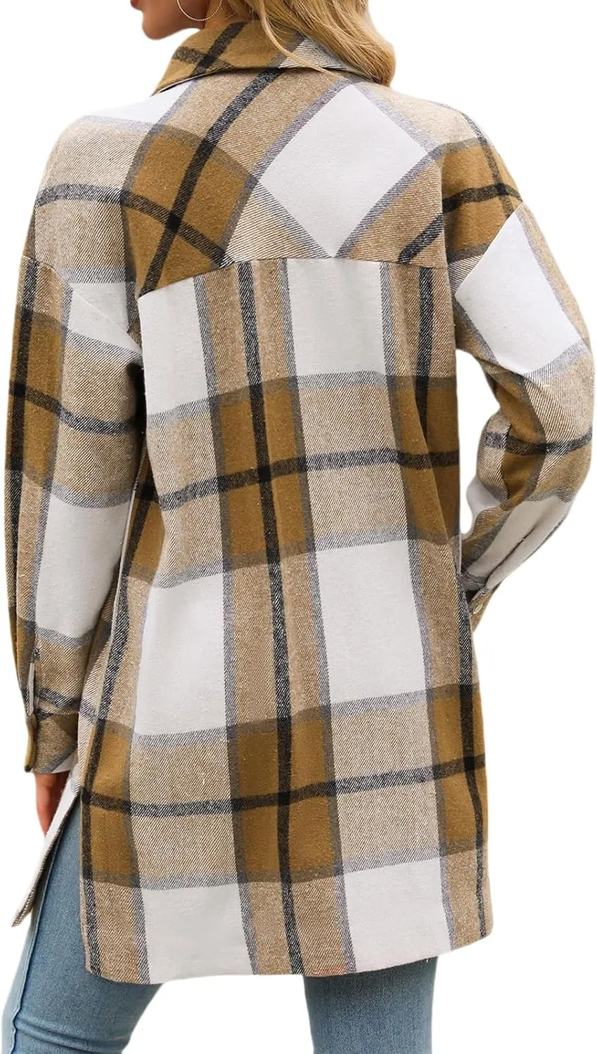Women's Long Plaid Jacket Long Sleeve Snap Button Flannel Trench Coat Side Split Tartan Shacket Shirts with Pockets