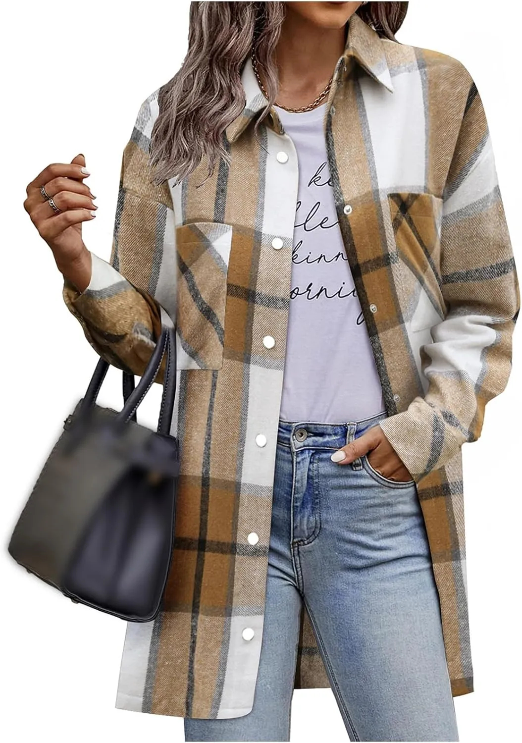 Women's Long Plaid Jacket Long Sleeve Snap Button Flannel Trench Coat Side Split Tartan Shacket Shirts with Pockets