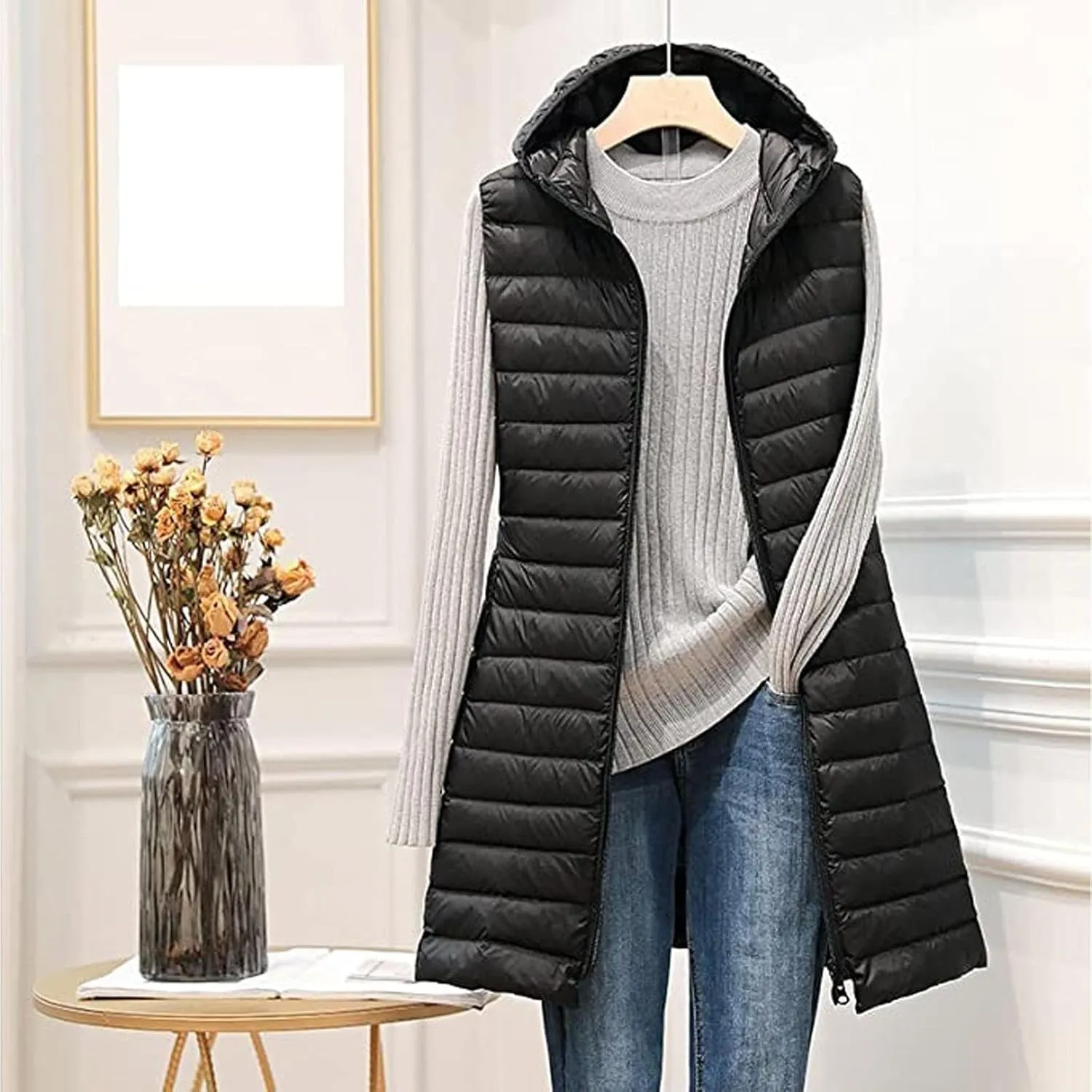 Womens Long Puffer Vest Full-Zip Hooded Sleeveless Down Jacket Warm Winter Coat Packable Quilted Lightweight Jackets