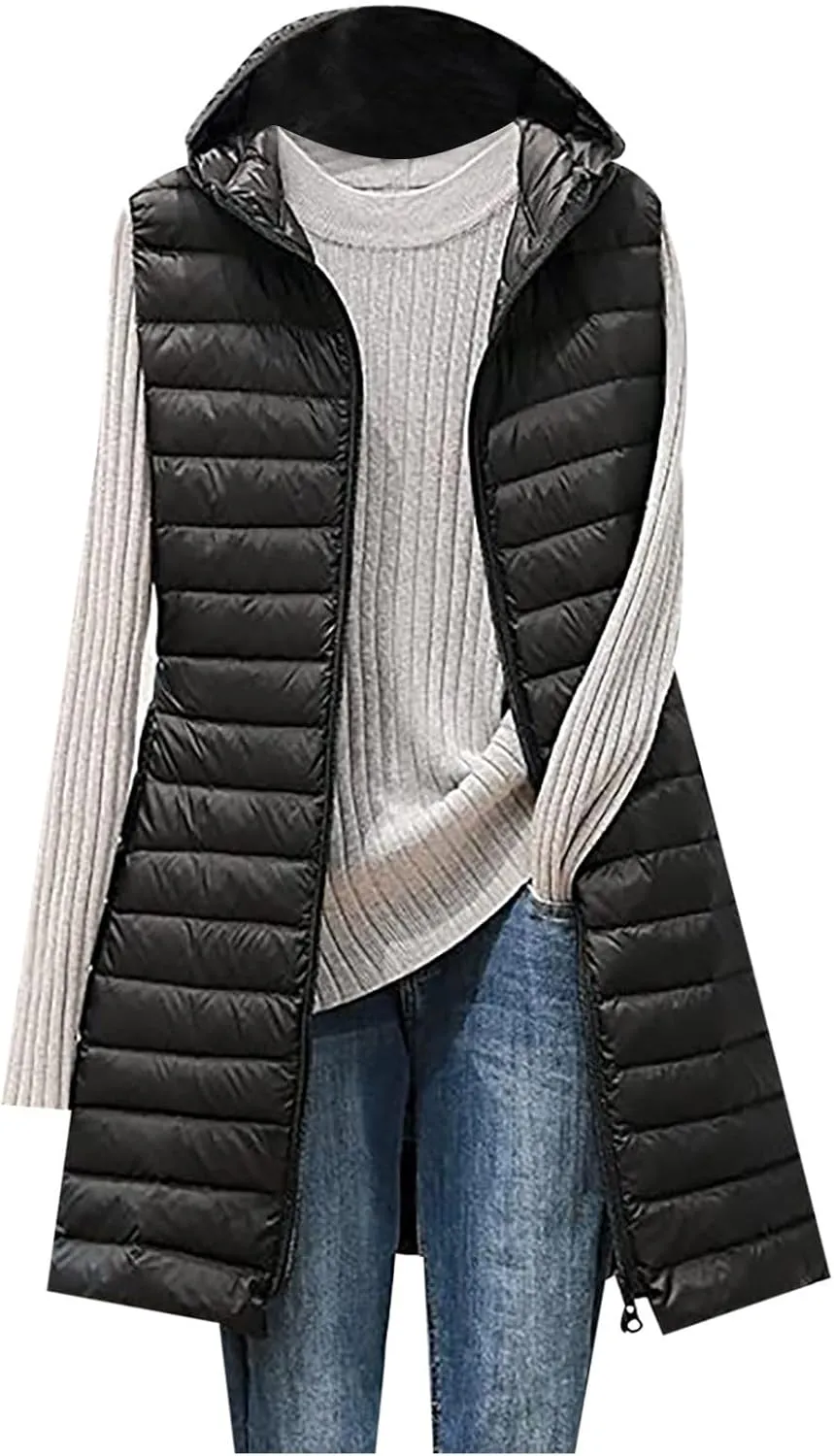 Womens Long Puffer Vest Full-Zip Hooded Sleeveless Down Jacket Warm Winter Coat Packable Quilted Lightweight Jackets