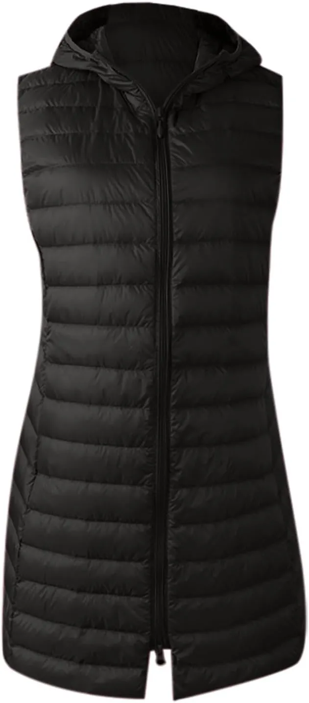 Womens Long Puffer Vest Full-Zip Hooded Sleeveless Down Jacket Warm Winter Coat Packable Quilted Lightweight Jackets