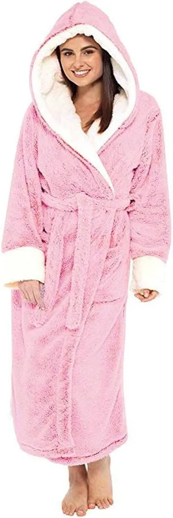 Womens Long Robes Soft Fleece Winter Warm Housecoats Womens Plush Sherpa Shaggy Bathrobe Sleepwear Pajamas Plus Size