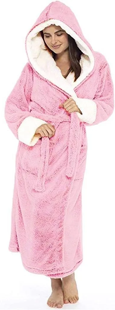 Womens Long Robes Soft Fleece Winter Warm Housecoats Womens Plush Sherpa Shaggy Bathrobe Sleepwear Pajamas Plus Size