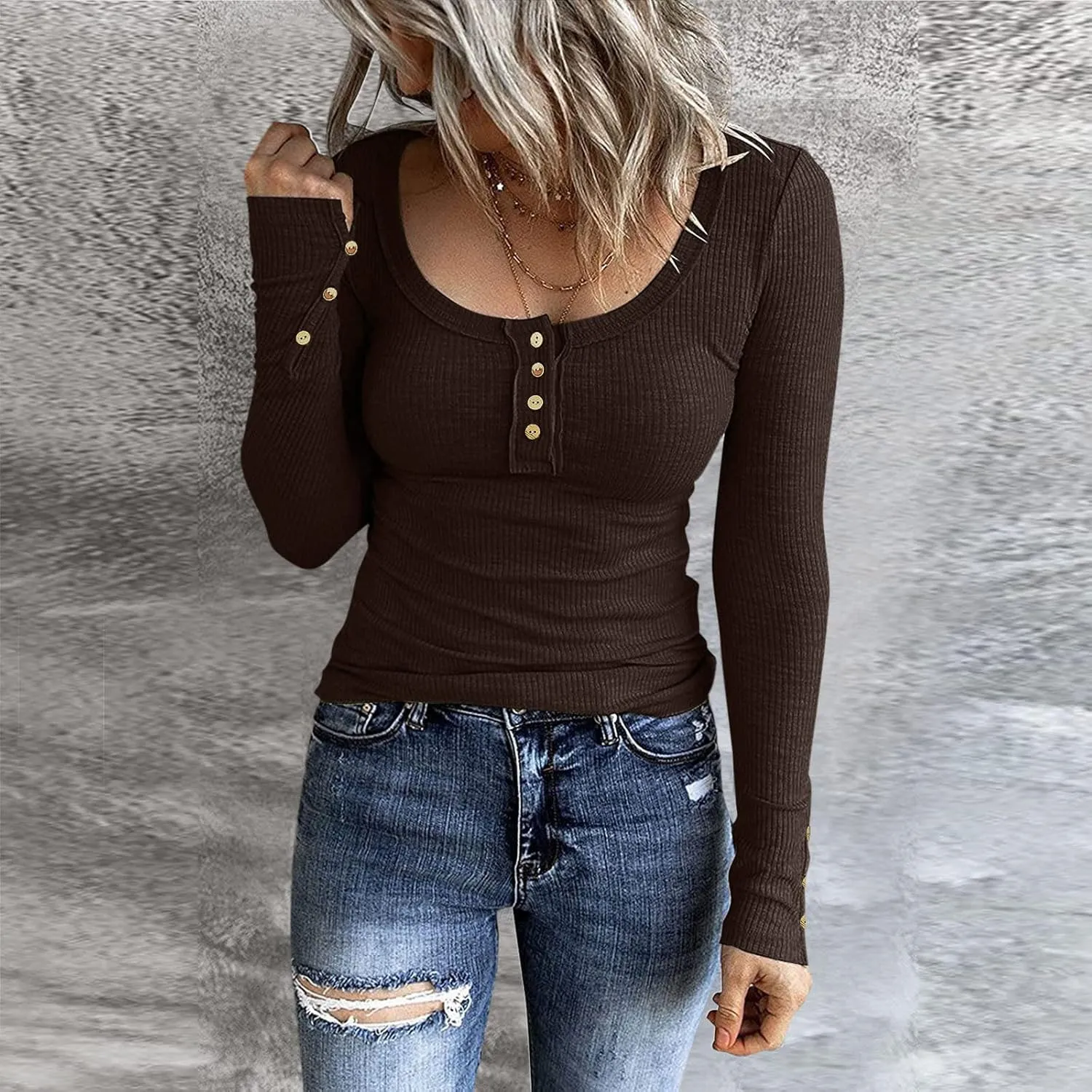 Womens Long Sleeve Henley Shirts 2024 Fall Fashion U Neck Basic Button Up Shirts Casual Comfy Slim Fit Pullover Tops