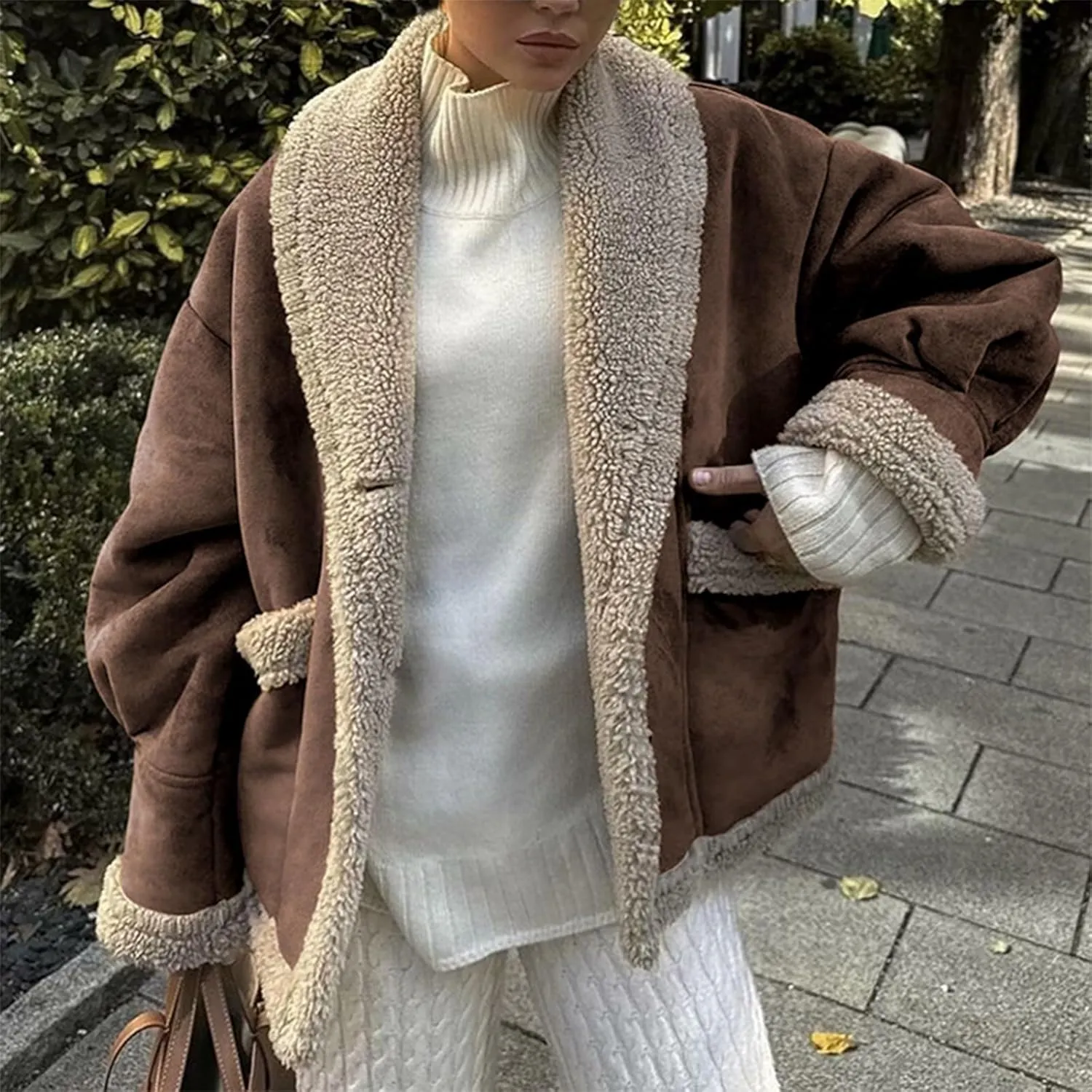 Women's Long Sleeve Oversized Sherpa Fleece Jacket With Cozy Stylish Winter Coat For Casual Wear Warm Outerwear