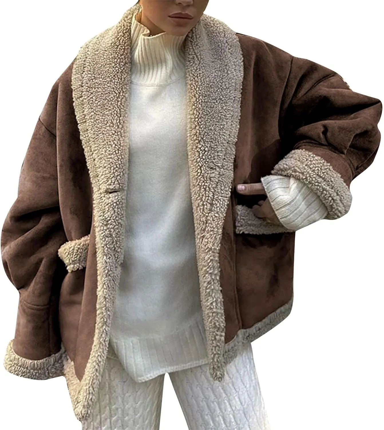 Women's Long Sleeve Oversized Sherpa Fleece Jacket With Cozy Stylish Winter Coat For Casual Wear Warm Outerwear