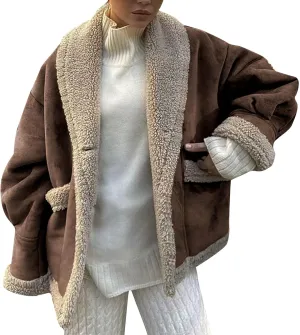 Women's Long Sleeve Oversized Sherpa Fleece Jacket With Cozy Stylish Winter Coat For Casual Wear Warm Outerwear