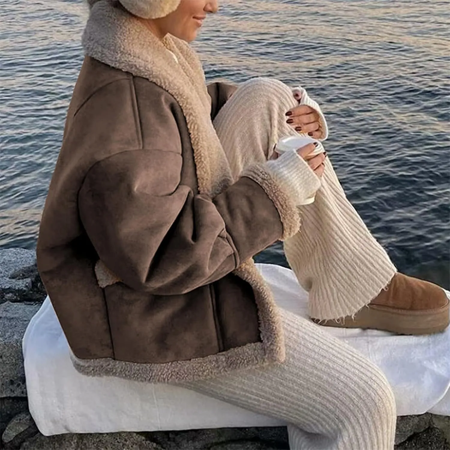 Women's Long Sleeve Oversized Sherpa Fleece Jacket With Cozy Stylish Winter Coat For Casual Wear Warm Outerwear