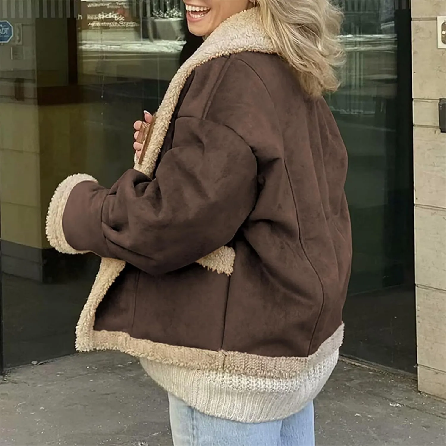 Women's Long Sleeve Oversized Sherpa Fleece Jacket With Cozy Stylish Winter Coat For Casual Wear Warm Outerwear