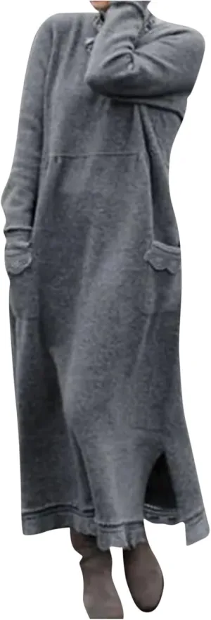 Womens Long Sleeve Sweatshirt Dresses Maxi Hooded Dress Ladies Casual Oversized Relaxed Fit Flowy Dress with Side Slit