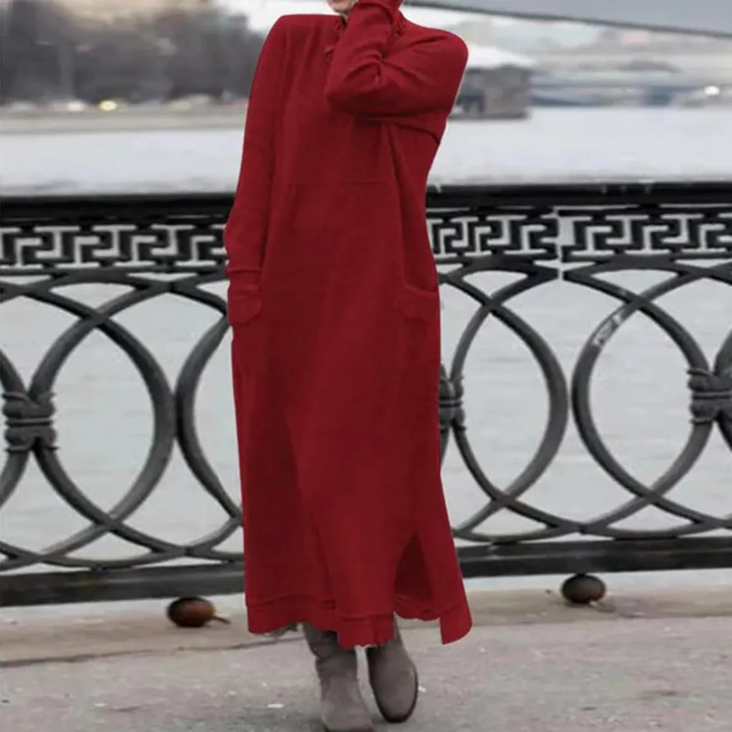Womens Long Sleeve Sweatshirt Dresses Maxi Hooded Dress Ladies Casual Oversized Relaxed Fit Flowy Dress with Side Slit
