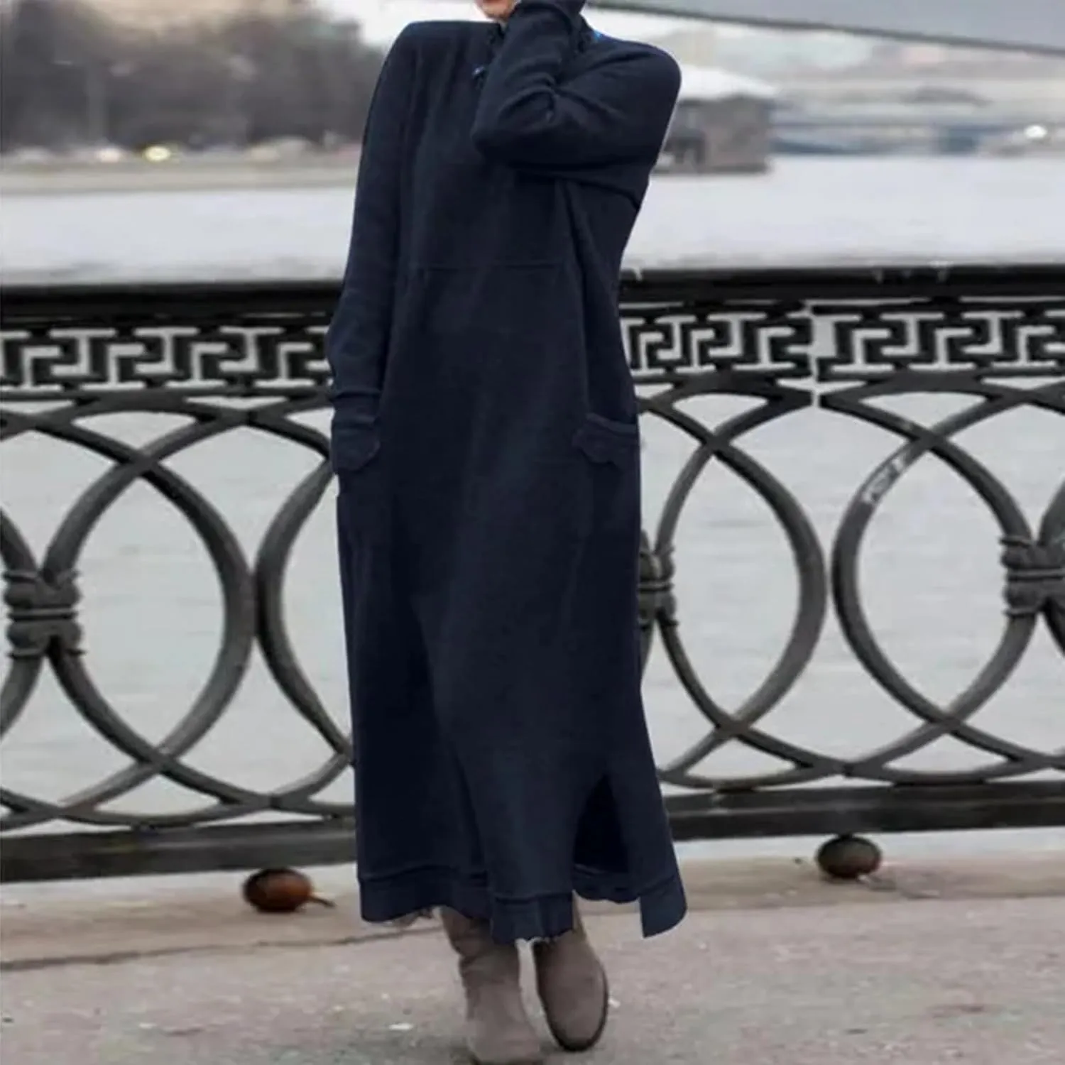 Womens Long Sleeve Sweatshirt Dresses Maxi Hooded Dress Ladies Casual Oversized Relaxed Fit Flowy Dress with Side Slit