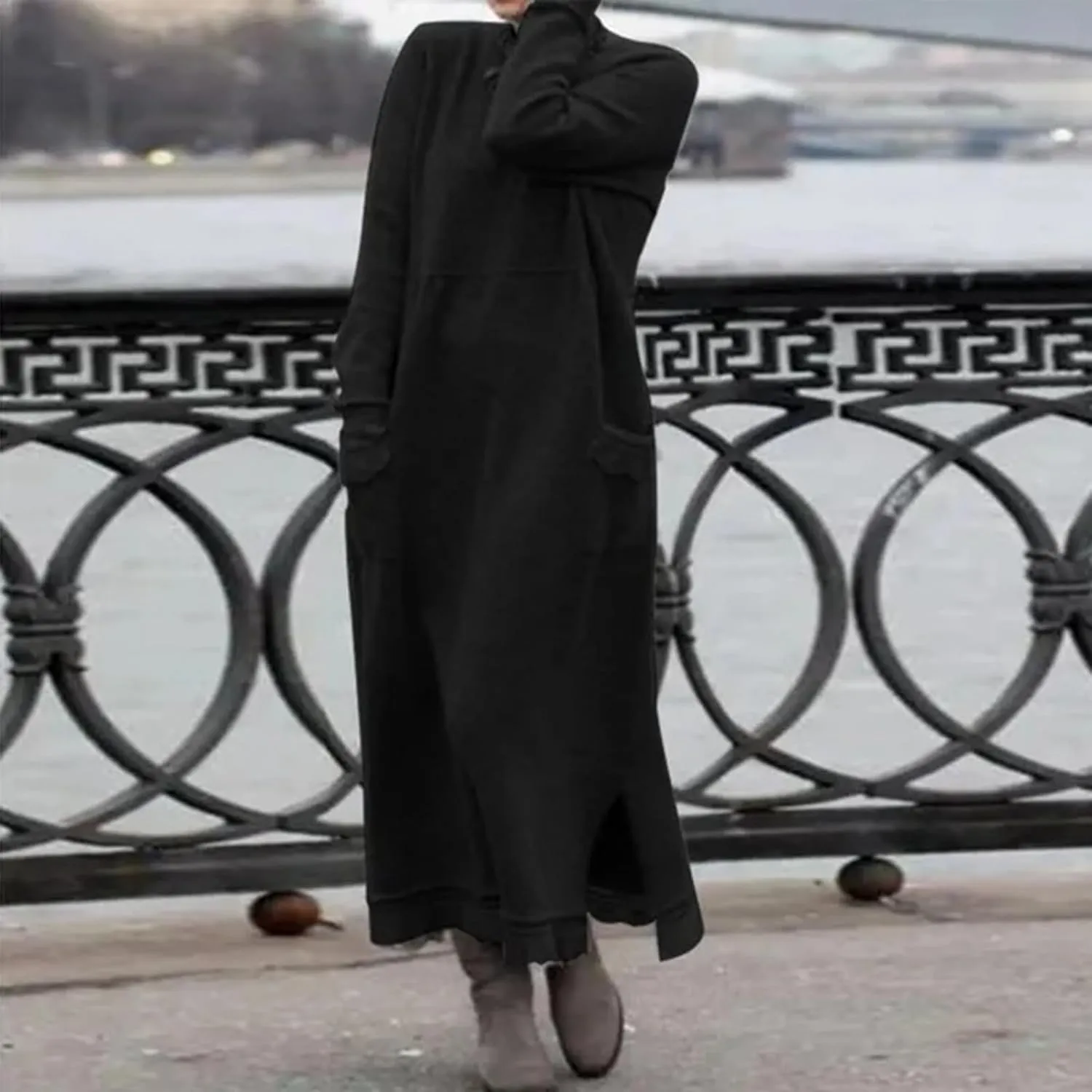 Womens Long Sleeve Sweatshirt Dresses Maxi Hooded Dress Ladies Casual Oversized Relaxed Fit Flowy Dress with Side Slit