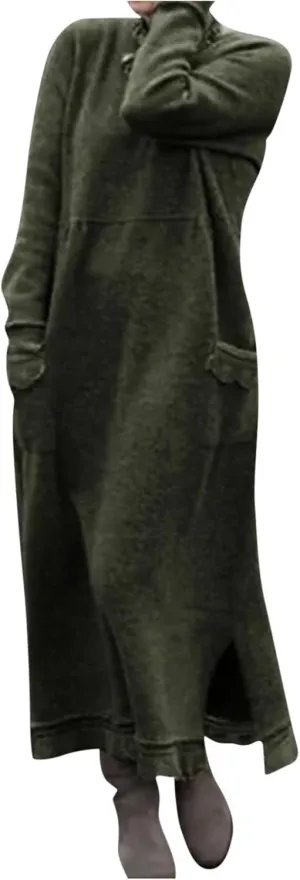 Womens Long Sleeve Sweatshirt Dresses Maxi Hooded Dress Ladies Casual Oversized Relaxed Fit Flowy Dress with Side Slit