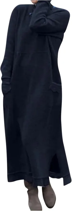 Womens Long Sleeve Sweatshirt Dresses Maxi Hooded Dress Ladies Casual Oversized Relaxed Fit Flowy Dress with Side Slit