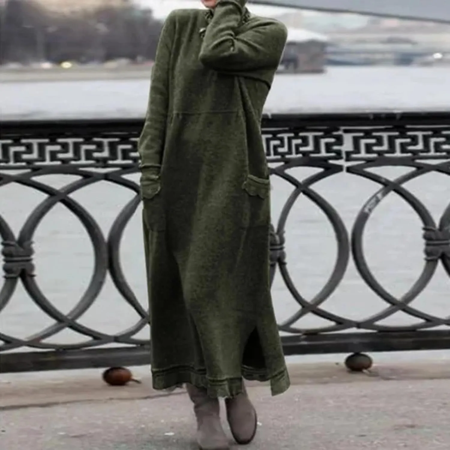 Womens Long Sleeve Sweatshirt Dresses Maxi Hooded Dress Ladies Casual Oversized Relaxed Fit Flowy Dress with Side Slit