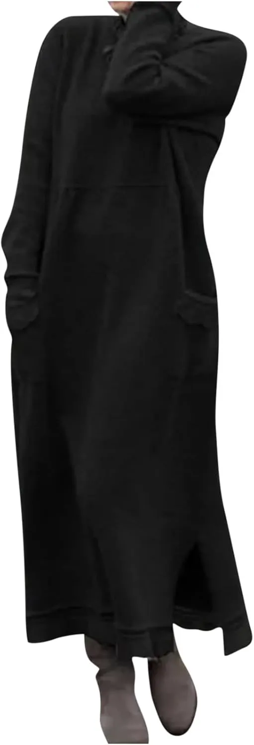 Womens Long Sleeve Sweatshirt Dresses Maxi Hooded Dress Ladies Casual Oversized Relaxed Fit Flowy Dress with Side Slit