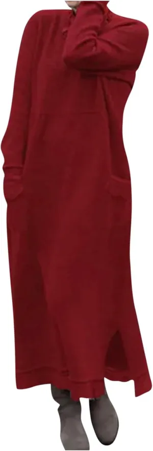 Womens Long Sleeve Sweatshirt Dresses Maxi Hooded Dress Ladies Casual Oversized Relaxed Fit Flowy Dress with Side Slit