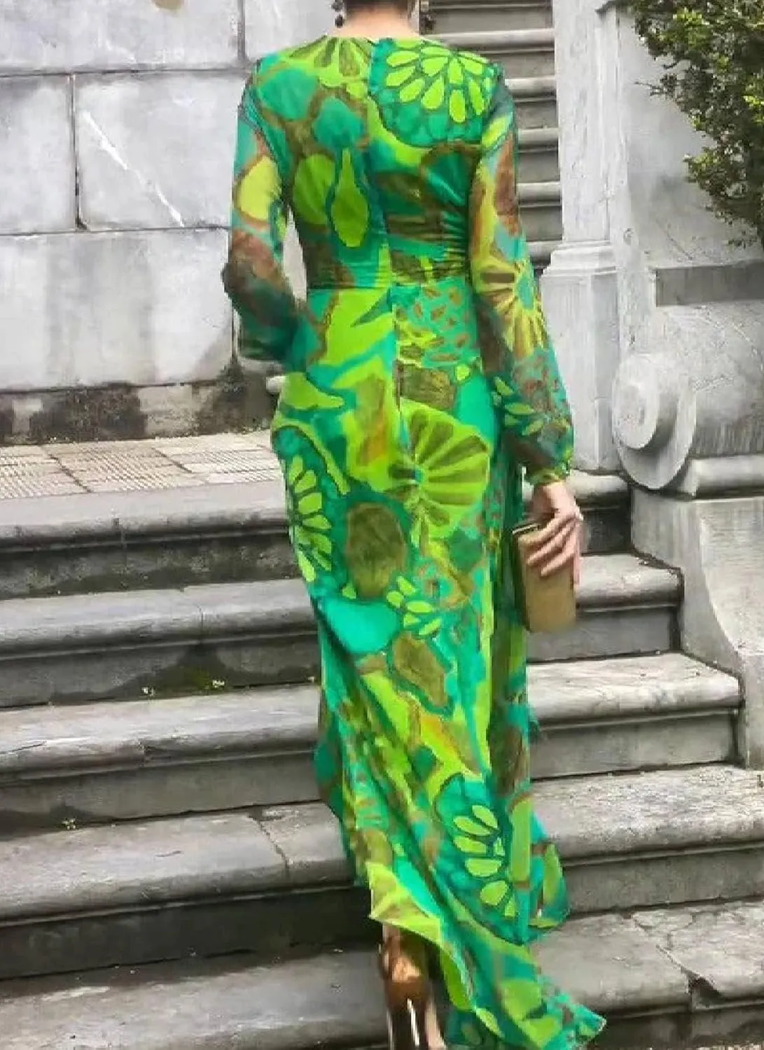 Womens Maxi Dress Long Sleeve V-Neck Floral Print Green Flowy Elegant 2025 Spring Summer Vacation Party Dress