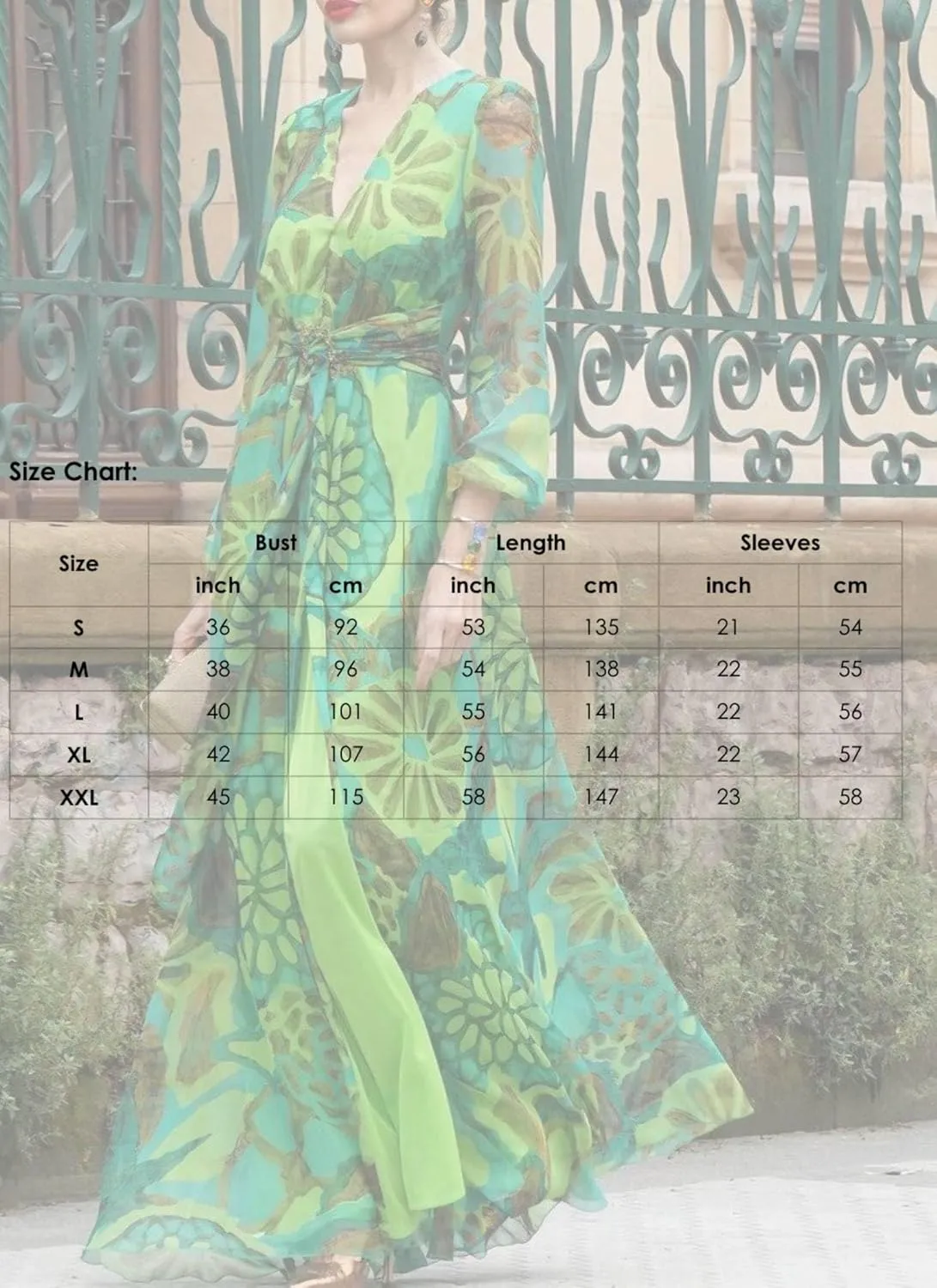 Womens Maxi Dress Long Sleeve V-Neck Floral Print Green Flowy Elegant 2025 Spring Summer Vacation Party Dress