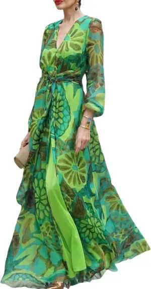 Womens Maxi Dress Long Sleeve V-Neck Floral Print Green Flowy Elegant 2025 Spring Summer Vacation Party Dress