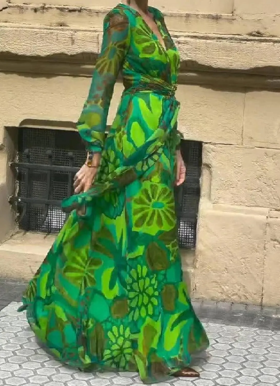 Womens Maxi Dress Long Sleeve V-Neck Floral Print Green Flowy Elegant 2025 Spring Summer Vacation Party Dress