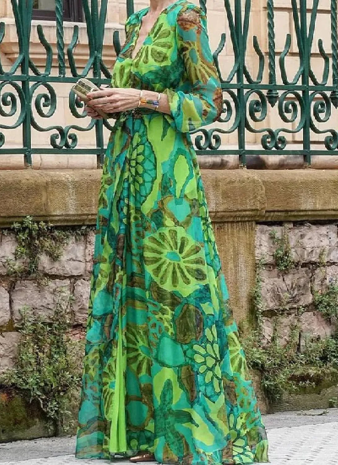 Womens Maxi Dress Long Sleeve V-Neck Floral Print Green Flowy Elegant 2025 Spring Summer Vacation Party Dress