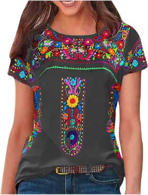 Women's Mexican Embroidered Shirt Ladies Ethnic Style Tops Summer Short Sleeve Boho Floral Print Tunics Blouse