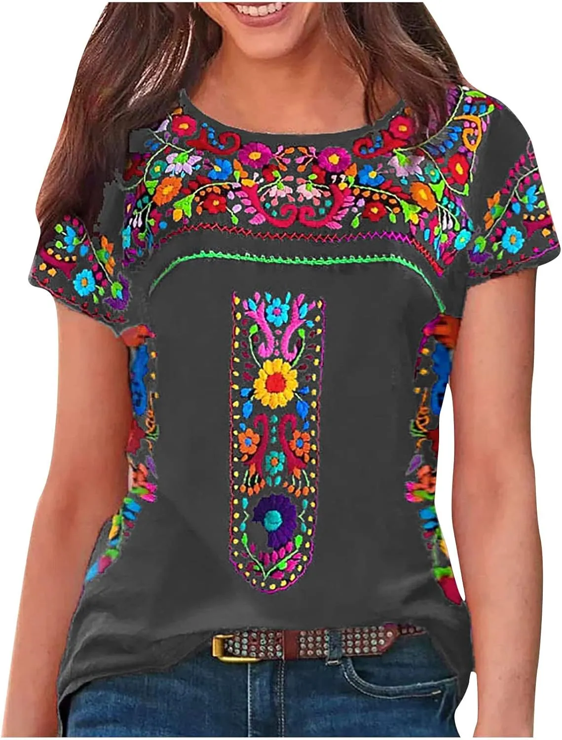 Women's Mexican Embroidered Shirt Ladies Ethnic Style Tops Summer Short Sleeve Boho Floral Print Tunics Blouse