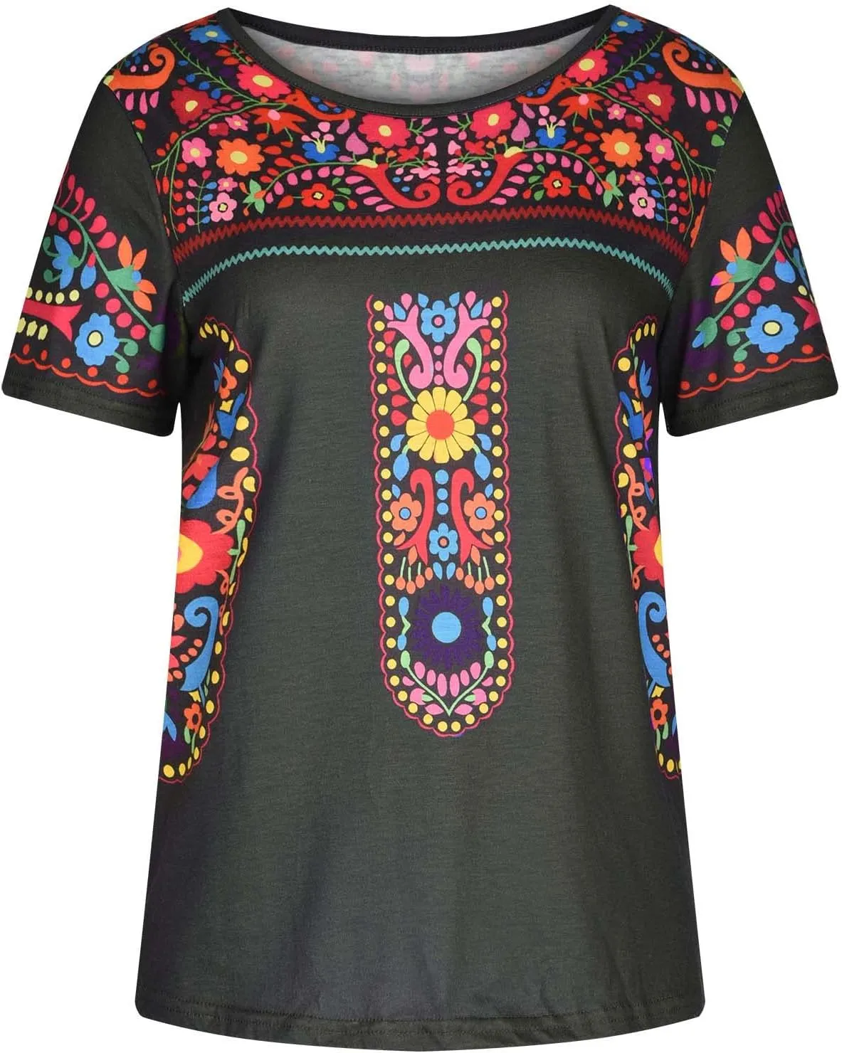 Women's Mexican Embroidered Shirt Ladies Ethnic Style Tops Summer Short Sleeve Boho Floral Print Tunics Blouse