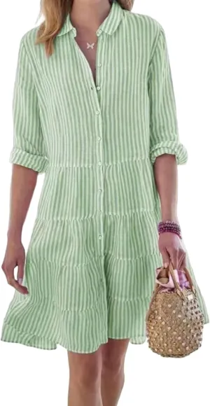 Womens Mini Dress Summer Striped Lapel Button Down Long Sleeve Dresses Casual Tummy Control A Lien Beach Sundress