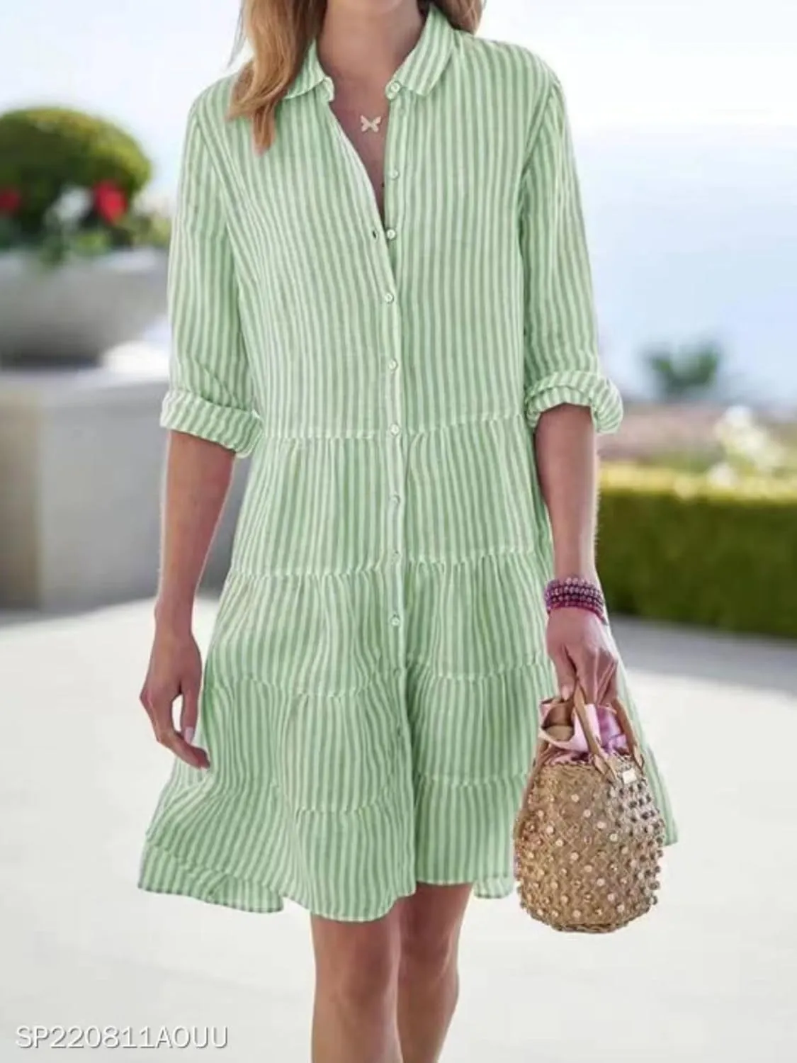 Womens Mini Dress Summer Striped Lapel Button Down Long Sleeve Dresses Casual Tummy Control A Lien Beach Sundress